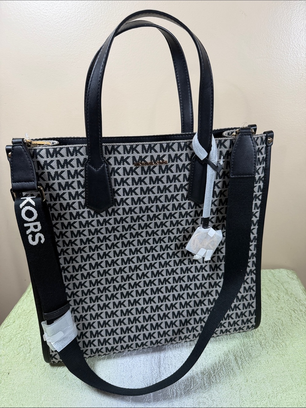 Michael Kors Black and Gray MK Logo Tote with Adjustable Strap